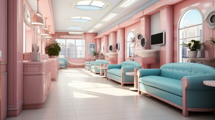A pink and blue retro futuristic waiting room