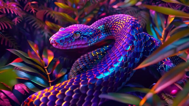 A colorful snake is curled up in a leafy green forest. The snake is surrounded by a variety of different colored leaves, creating a vibrant and lively atmosphere. Concept of wonder and curiosity