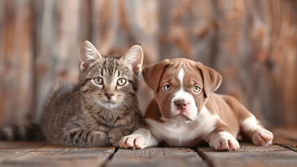 Image of a homeless cat and sad puppy waiting for adoption. Concept Animal Adoption, Homeless Pets, Hope for Animals