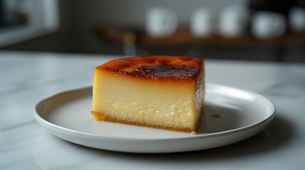 Tarte au flan p&acirc;tissier sur un assiette blanc, recette traditionnelle fran&ccedil;aise, flan coco