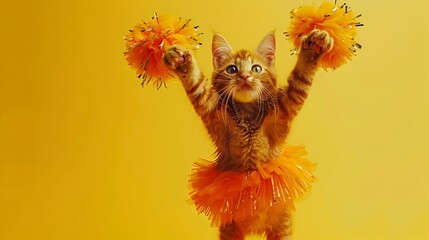 Joyful Feline Cheerleader in Vibrant Yellow Setting