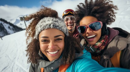 Three happy friends taking a selfie on a snowy mountain