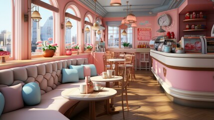 An illustration of a pink and blue diner with large windows