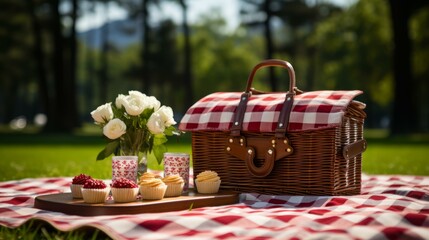 A picnic in the park with a red and white checkered blanket, a picnic basket, and a vase of white roses
