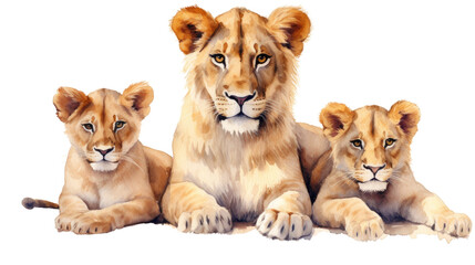 Obraz premium The image shows a lioness with her two cubs in isolated on transparent background