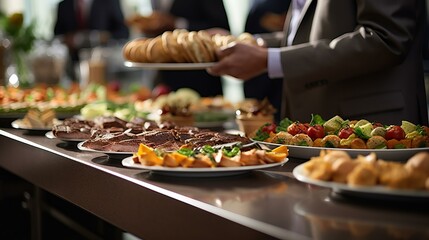A waiter serving food at a buffet