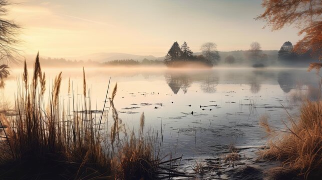 Quiet lakeside at dawn, mist rising off the water, serene, soft morning light, wide shot