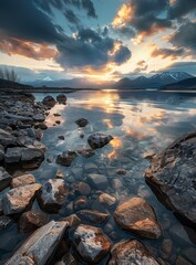 Rocky shore of a lake in the evening