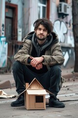 a man sits on the street in the city and holds in his hands a house made of cardboard backing