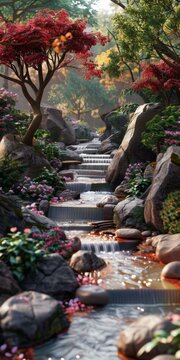 Small creek flowing through a rocky and lush Japanese garden