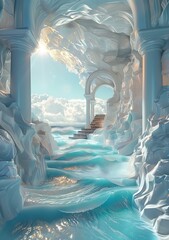 Mystical Ice Palace with Stairs and Water