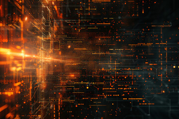 Fototapeta premium Orange and red digital matrix with fiery lines and light bursts in a dark background