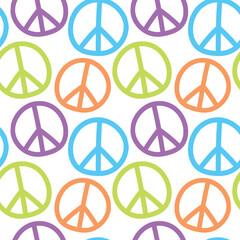 Vector seamless pattern with international symbol of pacifism, disarmament, world peace in simple doodle flat style. Bright background, texture