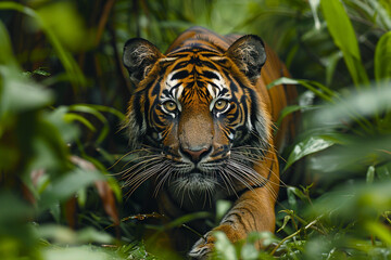 Fototapeta premium A majestic tiger prowling through dense jungle foliage, its orange and black stripes a bold contrast against the greenery top view