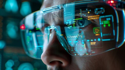 Close-up of a doctor's AR glasses showing patient history and treatment plans while providing telemedicine consultations.