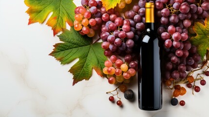 Still life with bottle of red wine and grapes - obrazy, fototapety, plakaty