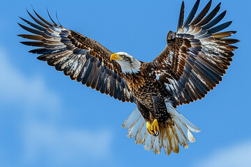 A magnificent bald eagle soaring through a clear blue sky, its wings spread wide as it surveys the landscape below top view