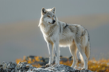 Fototapeta premium A majestic gray wolf standing atop a rocky outcrop, its keen gaze fixed on the horizon top view