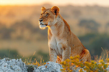 A regal lioness surveying her territory from atop a rocky outcrop, her golden coat glowing in the warm sunlight top view