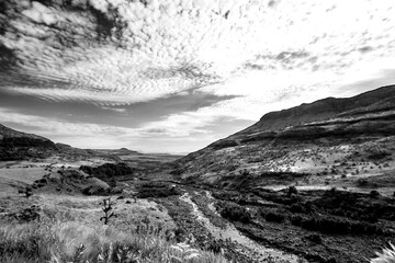 The upper reaches of the Tugela River, where it flows through the Drakensberg Mountains of South Africa in Black and White