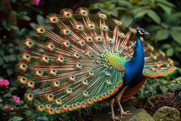 Obraz premium A vibrant peacock displaying its magnificent tail feathers in a lush garden, its iridescent plumage a dazzling spectacle top view