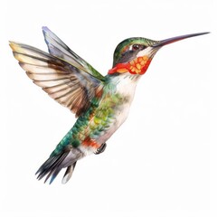 Hummingbird mid-flight, its iridescent feathers highlighted with watercolor, set against a stark white background to draw attention to its beauty.