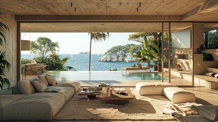 Obraz premium Modern luxury villa living room with infinity pool and ocean view