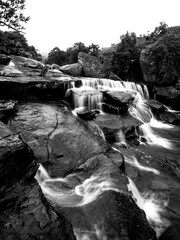 Black and white view of the Cascades, a scenic waterfall in the Mahai river in the Royal Natal...