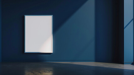 Modern art gallery featuring a single large white frame on a deep blue wall, perfect for minimalist displays