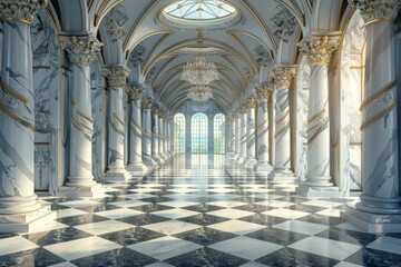 ornate hallway with marble columns and checkered floor