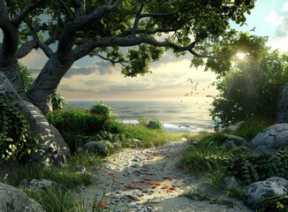 Fototapeta premium fantasy landscape with a large tree and a path leading to the sea