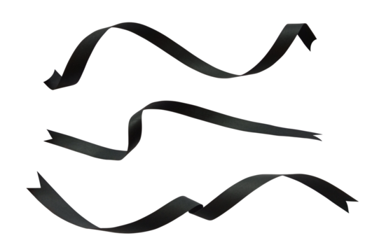 Black ribbons collection. Funeral or memories decorations. Isolated design element on the transparent background.