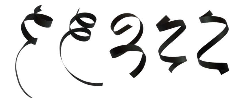 Black ribbons collection. Funeral or memories decorations. Isolated design element on the transparent background.