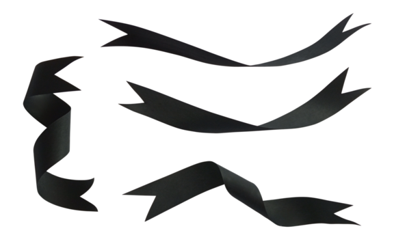 Black ribbons collection. Funeral or memories decorations. Isolated design element on the transparent background.