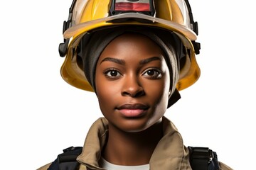 A portrait of a young African-American female firefighter wearing a yellow helmet