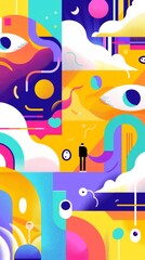 This image is a collage-style portrayal of surreal elements, combining quirky shapes and symbols in a vivid color palette
