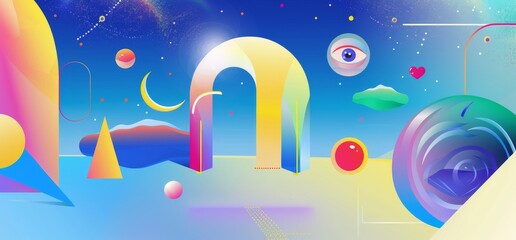 This image features a lively abstract scene with cosmic elements like planets, stars, and an eye amidst colorful shapes and doodles, representing creativity and exploration