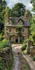 Fototapeta premium Charming English country cottage with stone walls and a slate roof