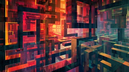 An abstract painting of a maze-like structure with bright, vibrant colors.