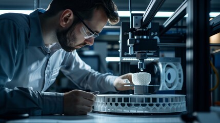 A technician inspecting a freshly printed object from a 3D printer, ensuring quality and accuracy in the manufacturing process.