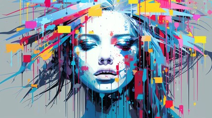 A vibrant, abstract portrait featuring bold colors and expressive brushstrokes, showcasing a face with flowing hair and a striking artistic style.