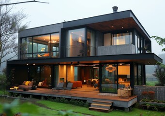 Modern two-story house with large glass windows and a spacious terrace