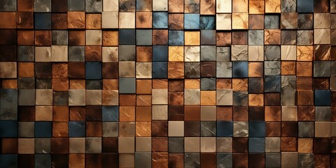 brown and gray metal square tiles with blue and gold accents