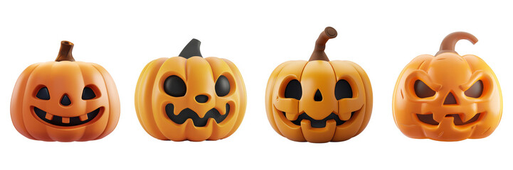 PNG spooky jack-o-lantern 3d icons and objects collection, in cartoon style minimal on transparent, white background, isolate