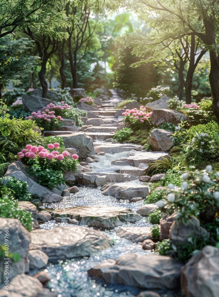 Canvas Prints A beautiful garden path with a small stream running through it