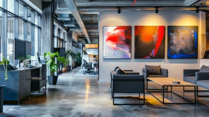 Contemporary office filled with modern art designs and high-tech digital displays