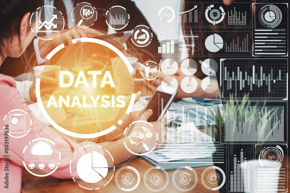 Poster data analysis for business and finance concept. interface showing future computer technology of prof