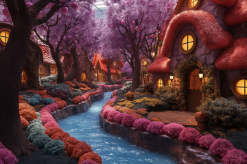 Chocolate Wonderland: A whimsical depiction of a chocolate-themed wonderland, with cocoa bean trees, chocolate rivers, and candy-coated landscapes, celebrating the joy and indulgen