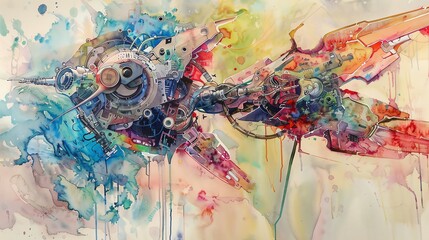 Watercolor painting depicting an ethereal Aerial Robot Exoskeleton, blending delicate washes of color to capture a dreamlike quality, emphasizing the harmony between technology and nature