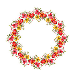 Watercolor floral wreath with red and yellow flowers, transparent png